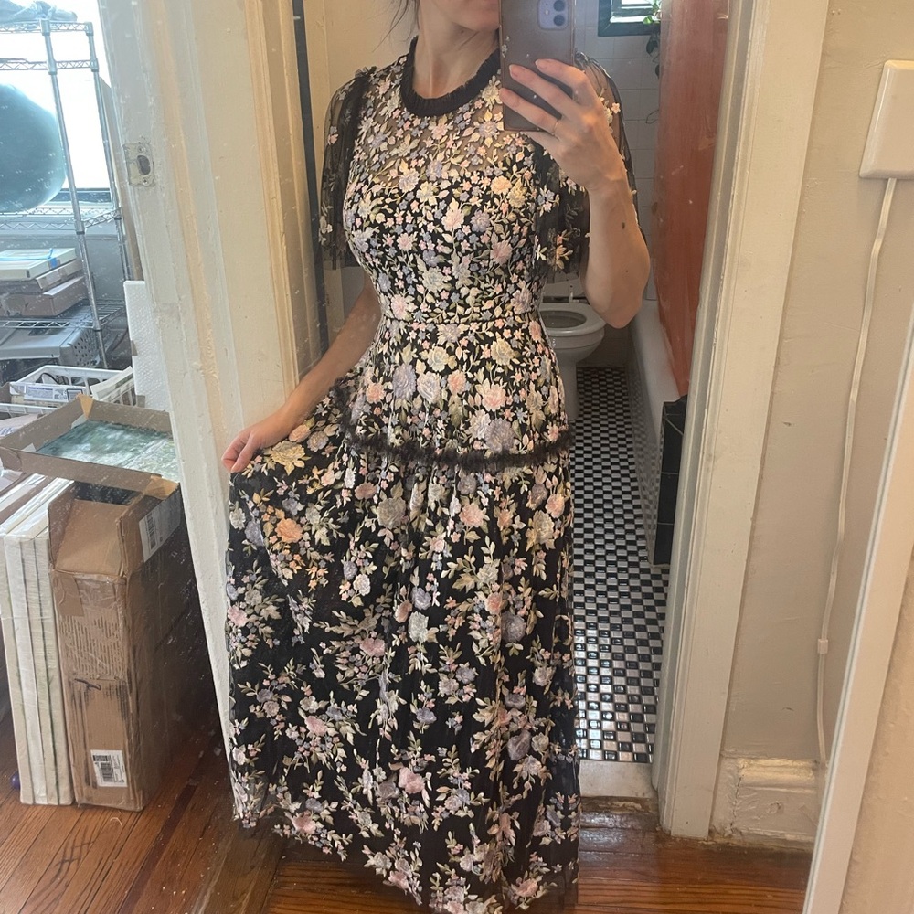 Needle & Thread Floral Lace-Trim Black Maxi Dress with Pastel Blooms